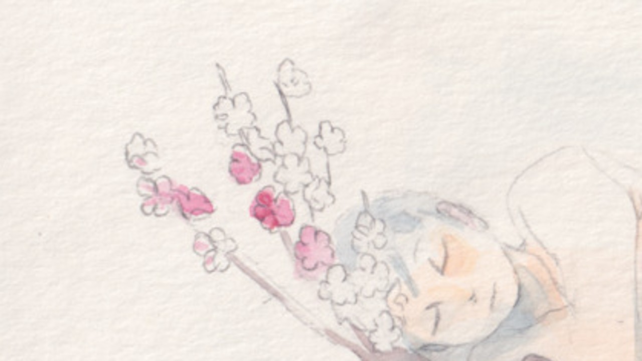 水彩画を描いた「梅に抱かれる」