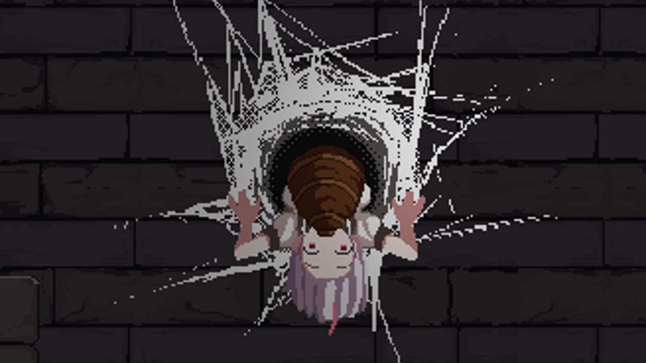 ドットアニメション：クモの巣に連れて行かれるところのシャハタちゃん。