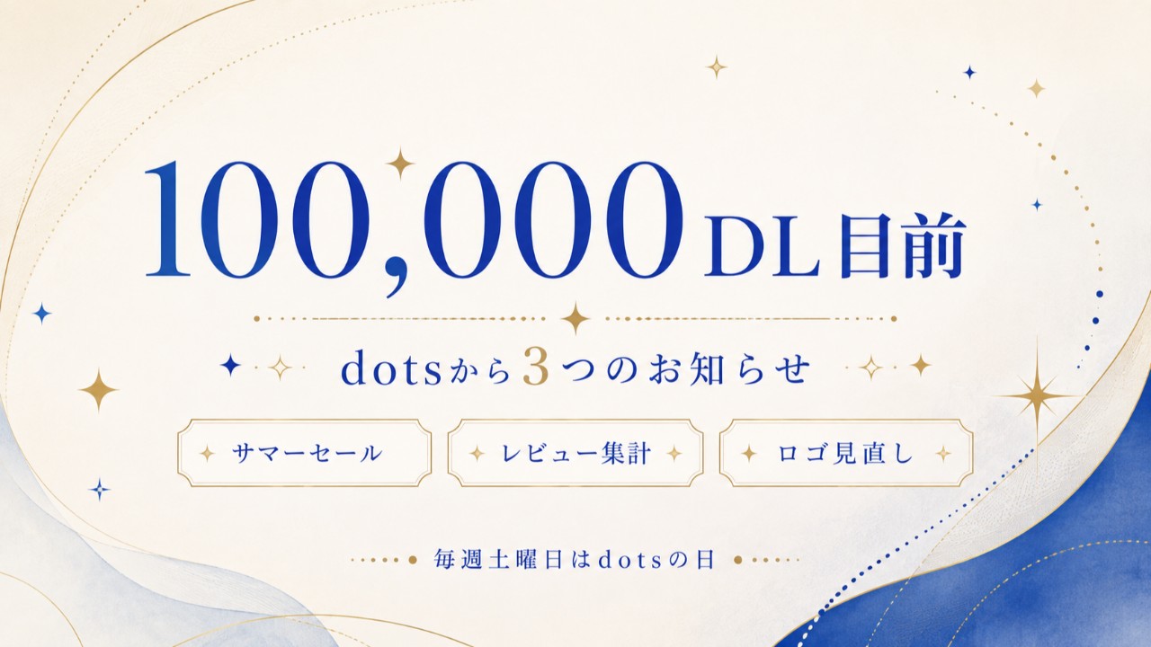100,000DL目前。サマーセール、600件のレビュー、そしてこれからのdots｜3つのお知らせ